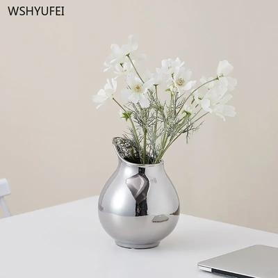 1PCS Silver Ceramic Pot Shaped Floral Ware with a High-end Feel Living Room Decoration Model Room Niche Ornaments Ceramic Vase