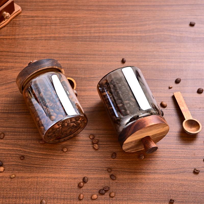 Creative Amber Coffee Bean Tea Storage Jar with Spoon Sealed Jar High Borosilicate Glass Sealed Bottle Wooden Lid Food Container