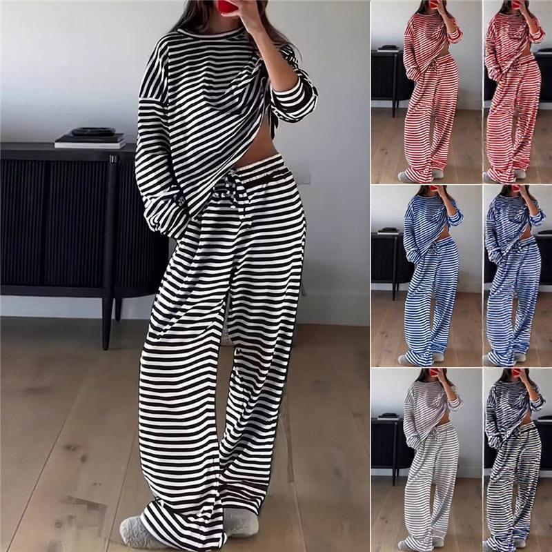 Women's 2Pcs Striped Casual Tracksuit Loose Long Sleeve Top + Wide Leg Pants Set