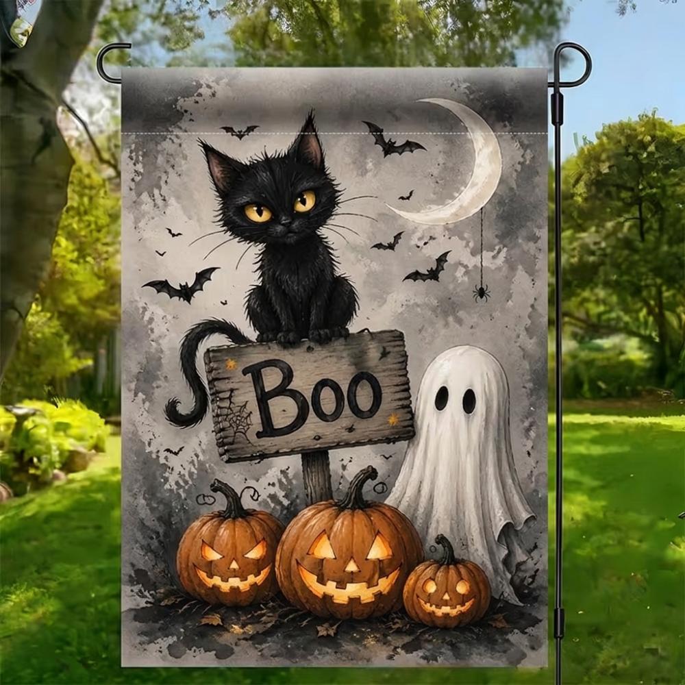 2D Flat Print Halloween Garden Flag Single Sided Haunted House Pumpkin Black Cat Cloth Spooky Polyester Halloween Outdoor Banner