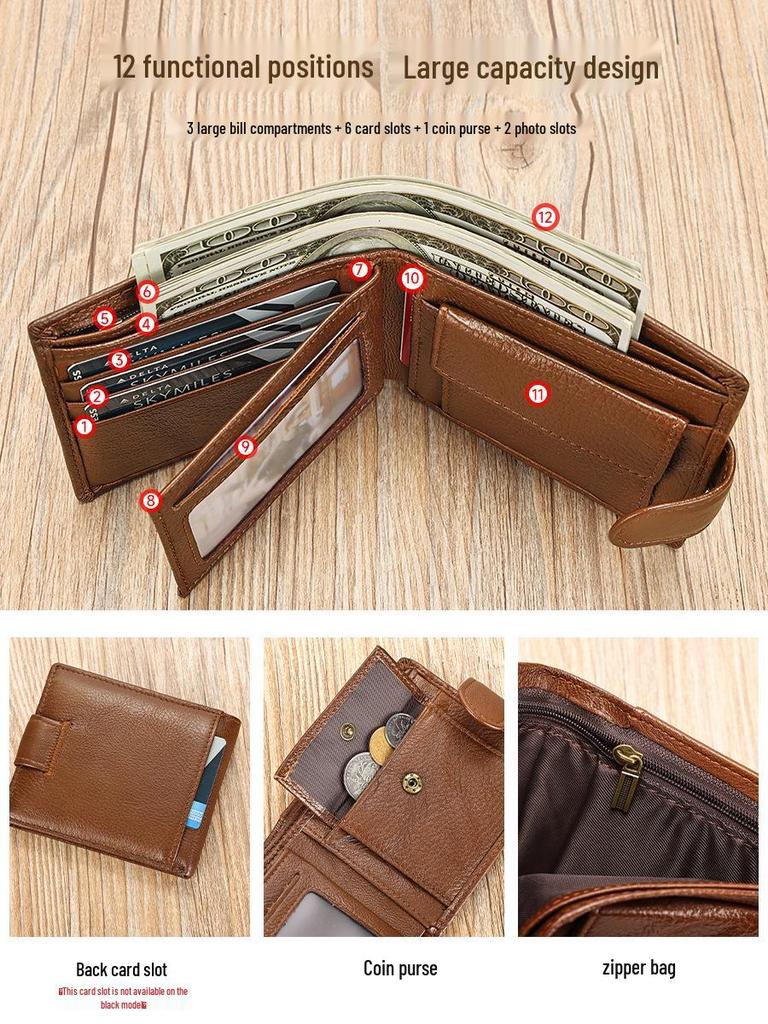 Men's Premium Cowhide Leather Wallet - Retro Style with Multiple Card Slots