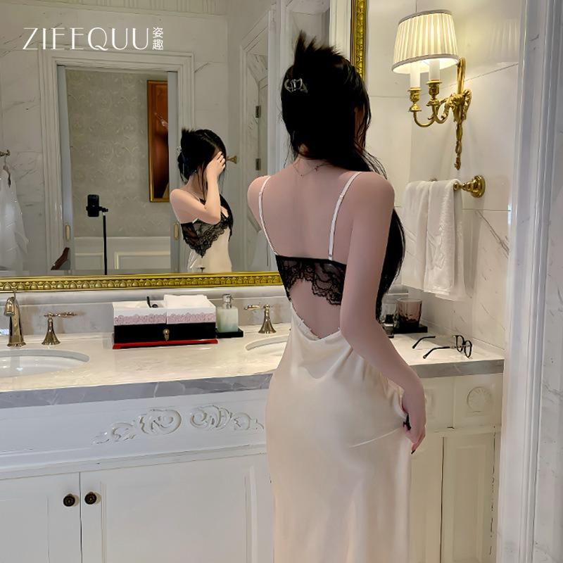 Sexy pajamas, thin with chest pads, long over-the-knee suspenders, nightgowns, robes, backless loungewear