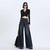 Neue Damen High Waist Schlaghose mit weitem Bein - Gewaschenes Tiefblau Retro Mode Bodenlange Hose