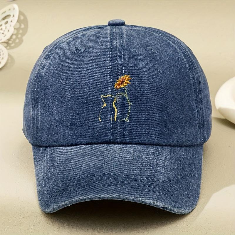 Vintage Kreskówkowy Kot Słoneczniki Nadruk Czapka Baseballowa Regulowana Lekka Czapka Taty dla Mężczyzn Kobiet Odpowiednia na Każdą Porę Roku