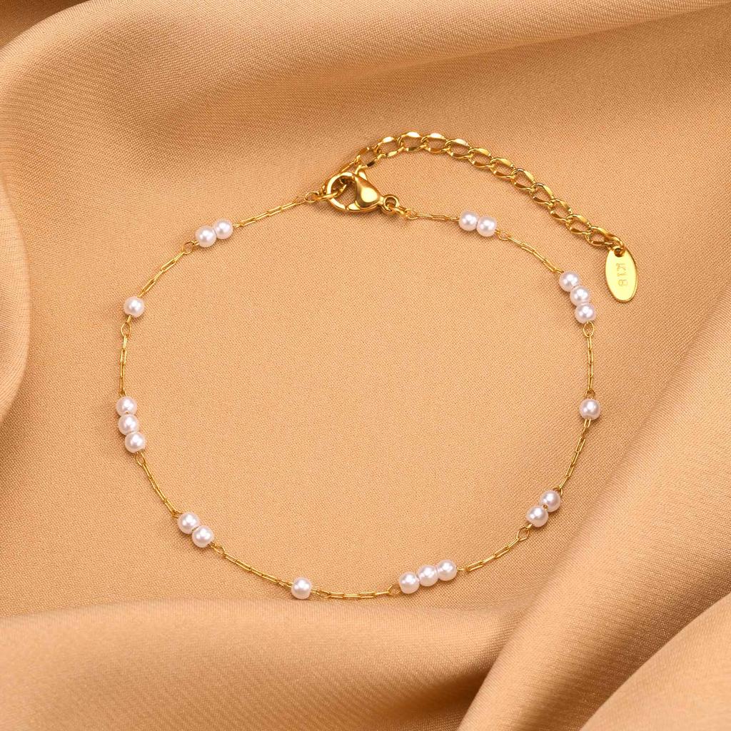 Stainless Steel Pearl Anklets Bracelet for Women, 18k Gold Plated Foot Chain Adjustable Stackable Bracelets on Leg Jewelry
