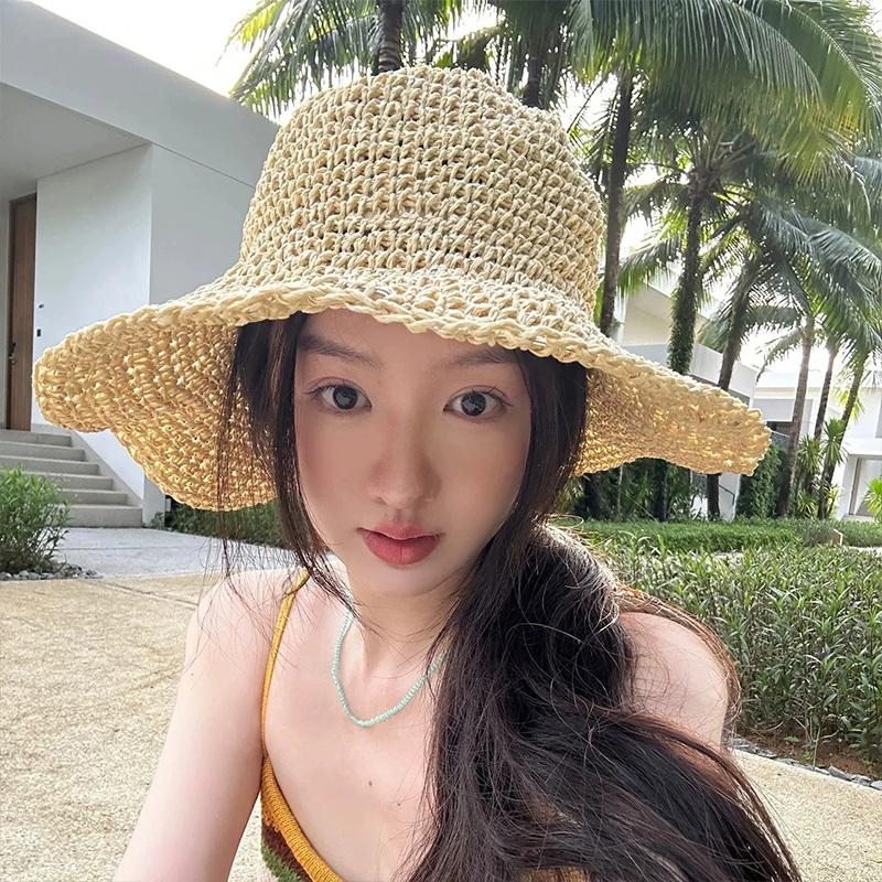 Fashion Beach Straw Hat for Women Visor Bucket Hat Fisherman Caps Spring Summer Breathable Hand Weaving Panama Fishing Sun Hats