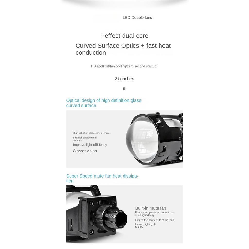 LED Car Light Headlight 2.5 Inch Double Light Lens Double Light Cup 65W Small Sunlight Type Car and Motorcycle Universal 12V