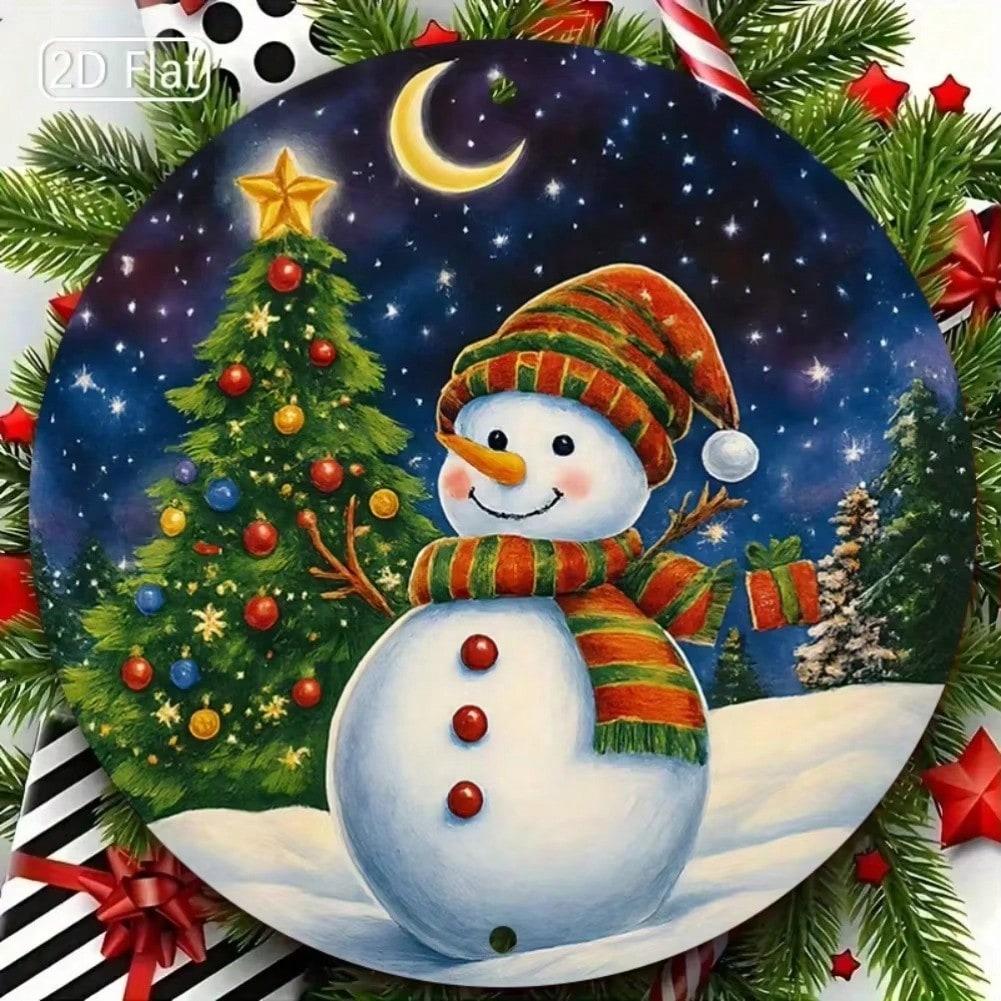 Metal Christmas Snowman Wall Sign Round Tree Modern Home Bar Decor 20x20 разноцветный