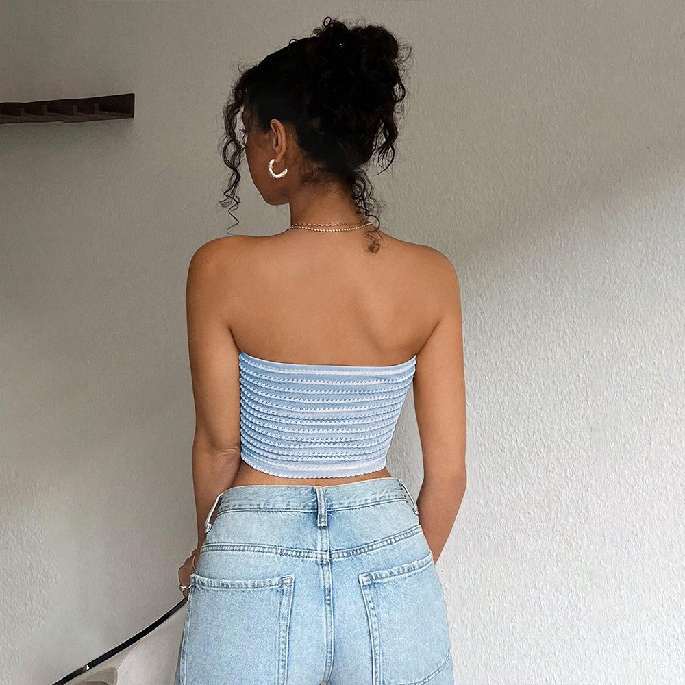 European and American Sexy Blue and White Striped Tube Top Sleeveless Off-the-shoulder Tight Short Vacation Vest Top Women