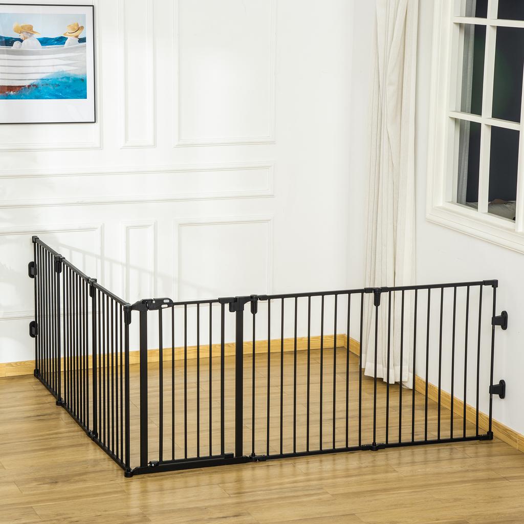 Safety Barrier Fireplace Protection Barrier Playpen Dog Enclosure Foldable Modular 6 Panels with Door No Drilling 362.5 X 76 Cm Black