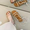 Fashion Summer New Square Toe Open Toe Lace-Up Slippers Fashion Shallow Mouth Roman Breathable Mesh Flat Sandals Women