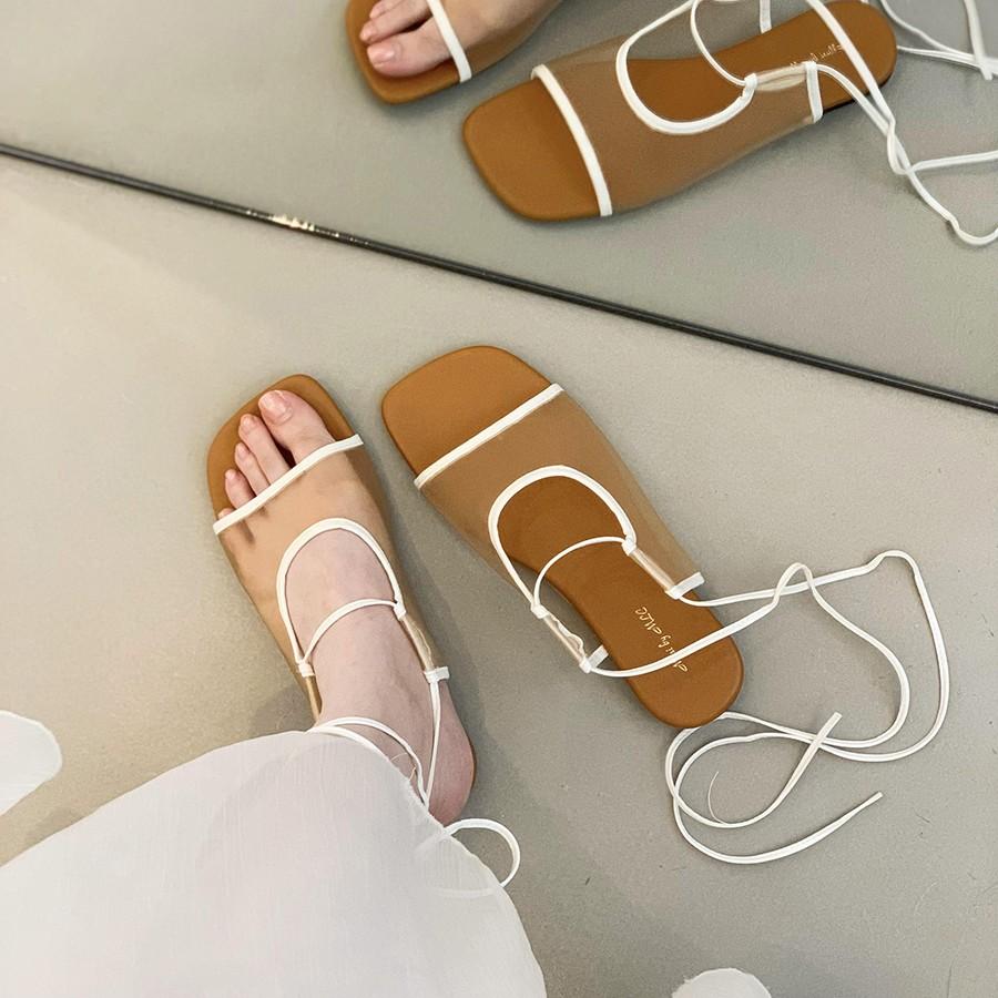 Fashion Summer New Square Toe Open Toe Lace-Up Slippers Fashion Shallow Mouth Roman Breathable Mesh Flat Sandals Women