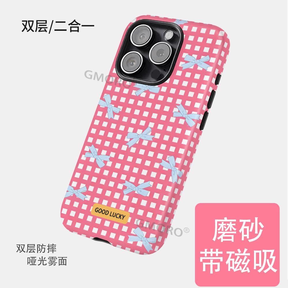 Korean Cute Girl Plaid Bow Apple 17promax Mobile Phone Case iPhone12 with Magnetic Protective Case