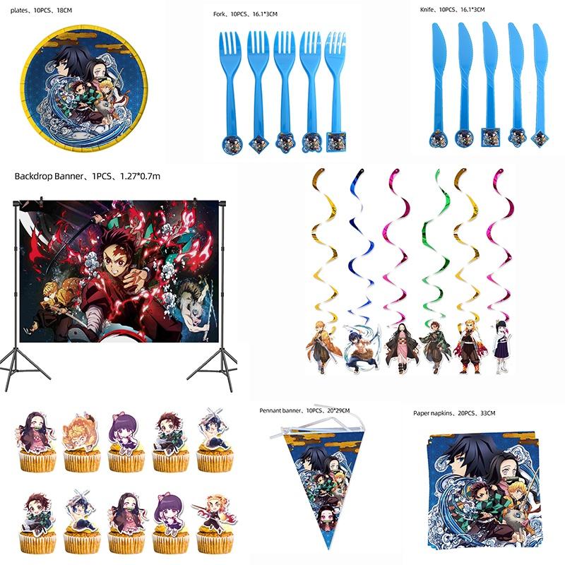 Décorations de fête d'anniversaire impressionnantes Demon Slayer pour enfants avec bannières, ballons et autocollants