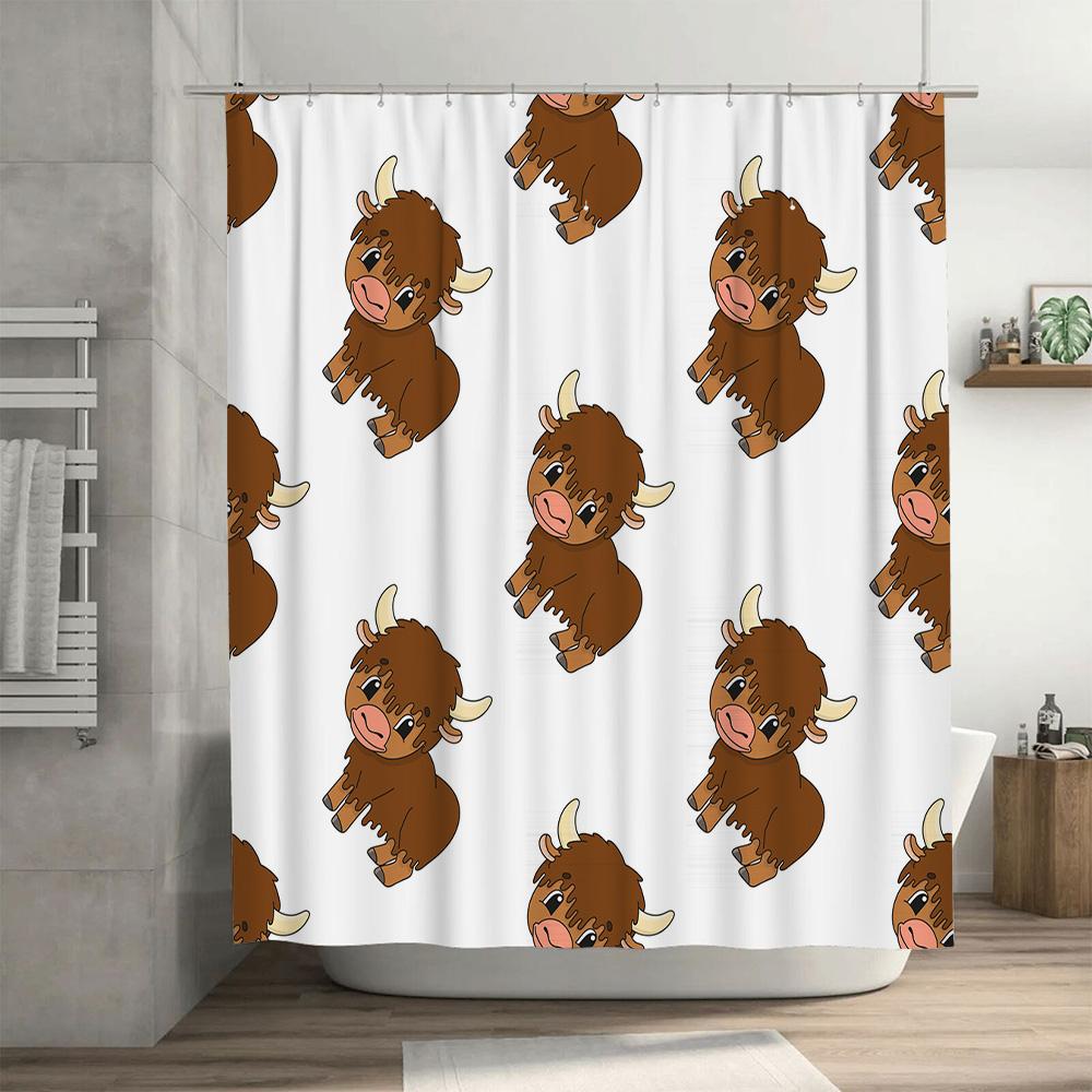 12-piece Set Waterproof Cartoon Animal Bathroom Curtain with Hooks Cute Buffalo Print Design for Home Decor In White White Color