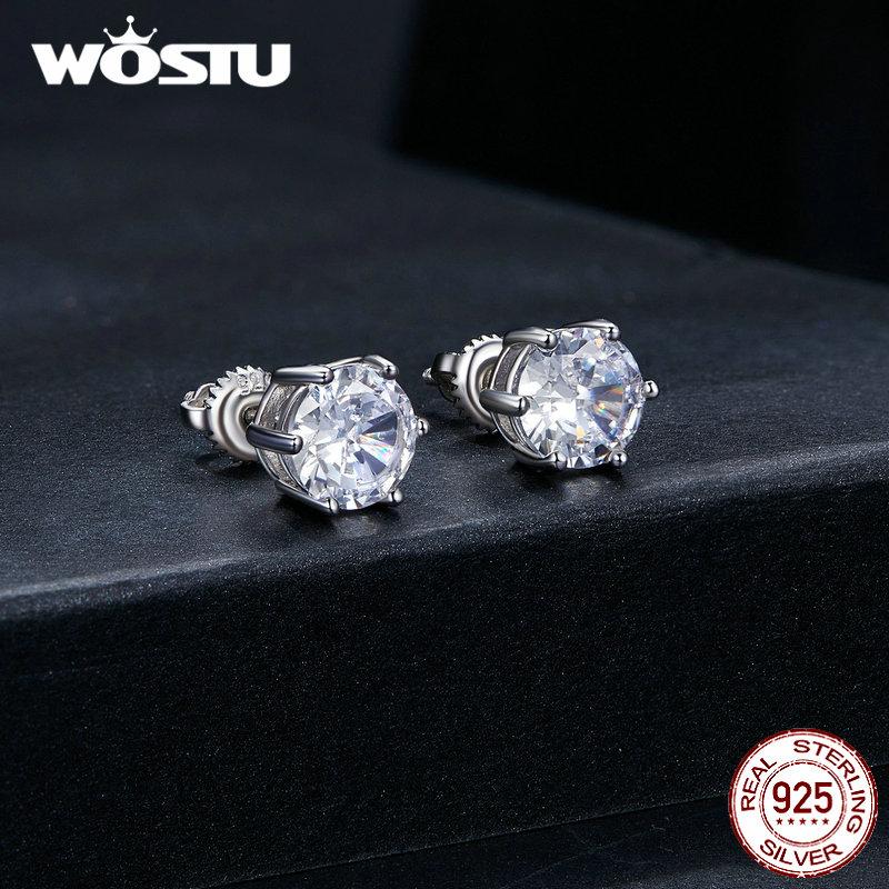 WOSTU Basic Wedding Crown Stud Earrings Solid 925 Sterling Silver Clear Cubic Zirconia Women Engagement Studs Earring 5-8 MM
