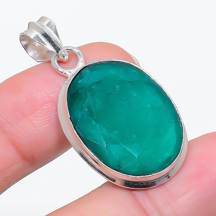 Natural Emerald(Simulated) 925 Sterling Silver Jewelry Pendant 1.65" Z8A22