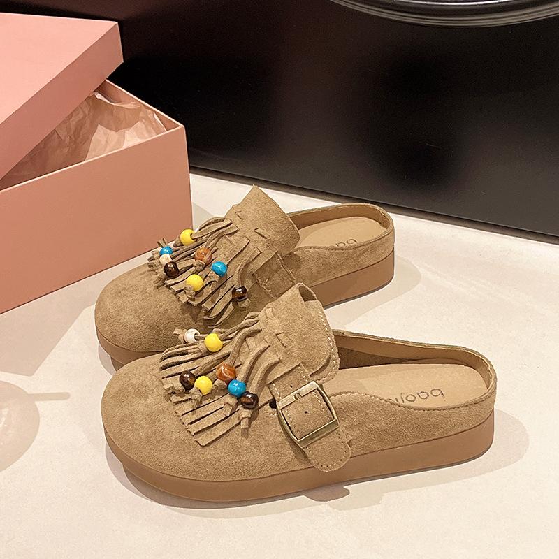 

2025 осень французский ретро баотоу полушлепанцы на платформе женские на одном ходу ленивые мягкие подошвы на толстой подошве шлепанцы с бахромой женские 40