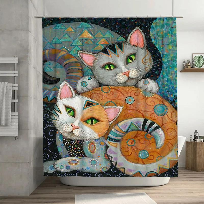 

Whimsical Cat Art Shower Curtain Bright Colorful Design For Bathroom Decorations – High Quality Waterproof Fabric” W60H190(CM)-1 Pcs