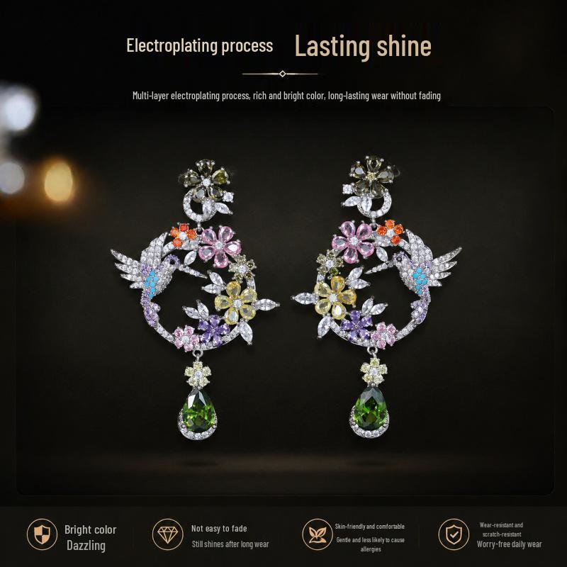 2026 Elegant S925 Zircon Long Dangle Earrings for Women - Light Luxury Floral Design Sterling Silver Ear Ornaments
