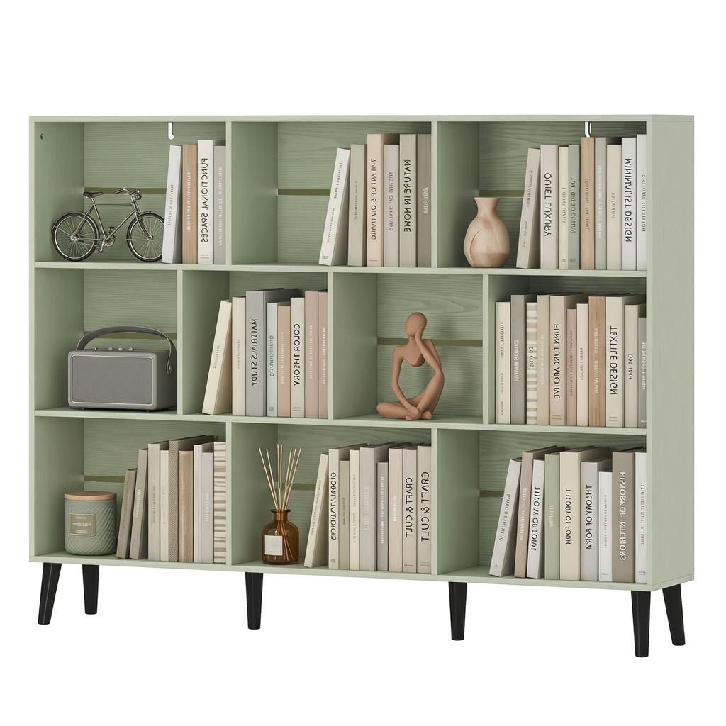 10-Cube Bookcase, 3-Tier Book Shelf with Solid Wood Legs, 140 cm Modern Bookshelf with Anti-Tip Kit, Light Green