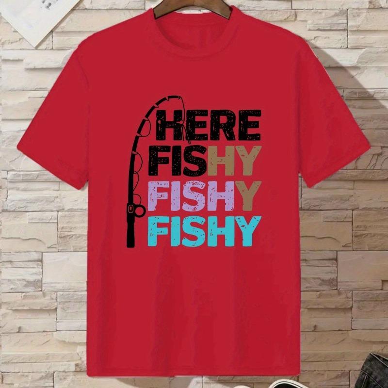 Kids Summer Crew Neck Short Sleeve T-Shirt with Fishing Rod & HERE FISHY Letter Print