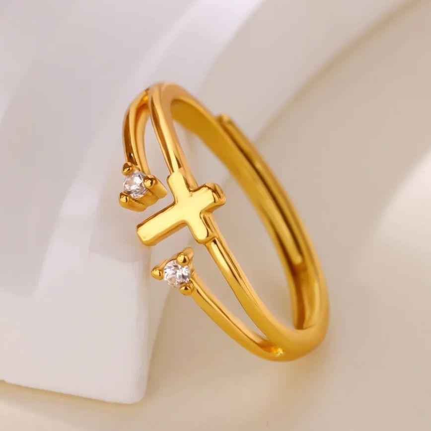 Zircon Cross Rings For Women Gold Stainless Steel Crystal Cross Adjustable Ring Religious Wedding Christmas Jewelry Gift