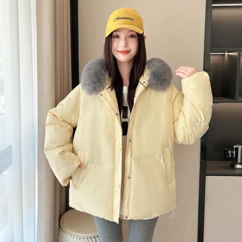 

Женская короткая ветрозащитная теплая зимняя куртка с капюшоном и большим меховым воротником, 4 цвета XL жёлтый