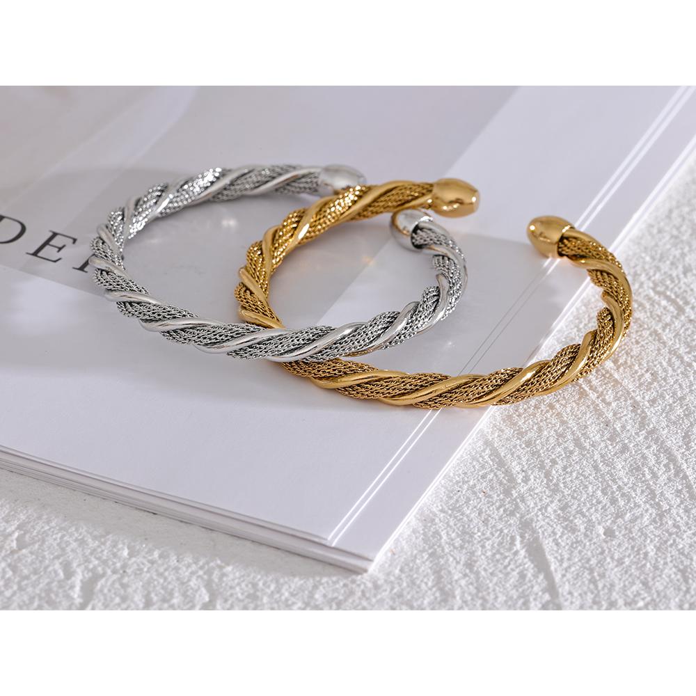 Yhpup Waterproof Stainless Steel Twisted Round Cuff Open Bracelet Bangle for Women Texture Metal Statement Jewelry Gift