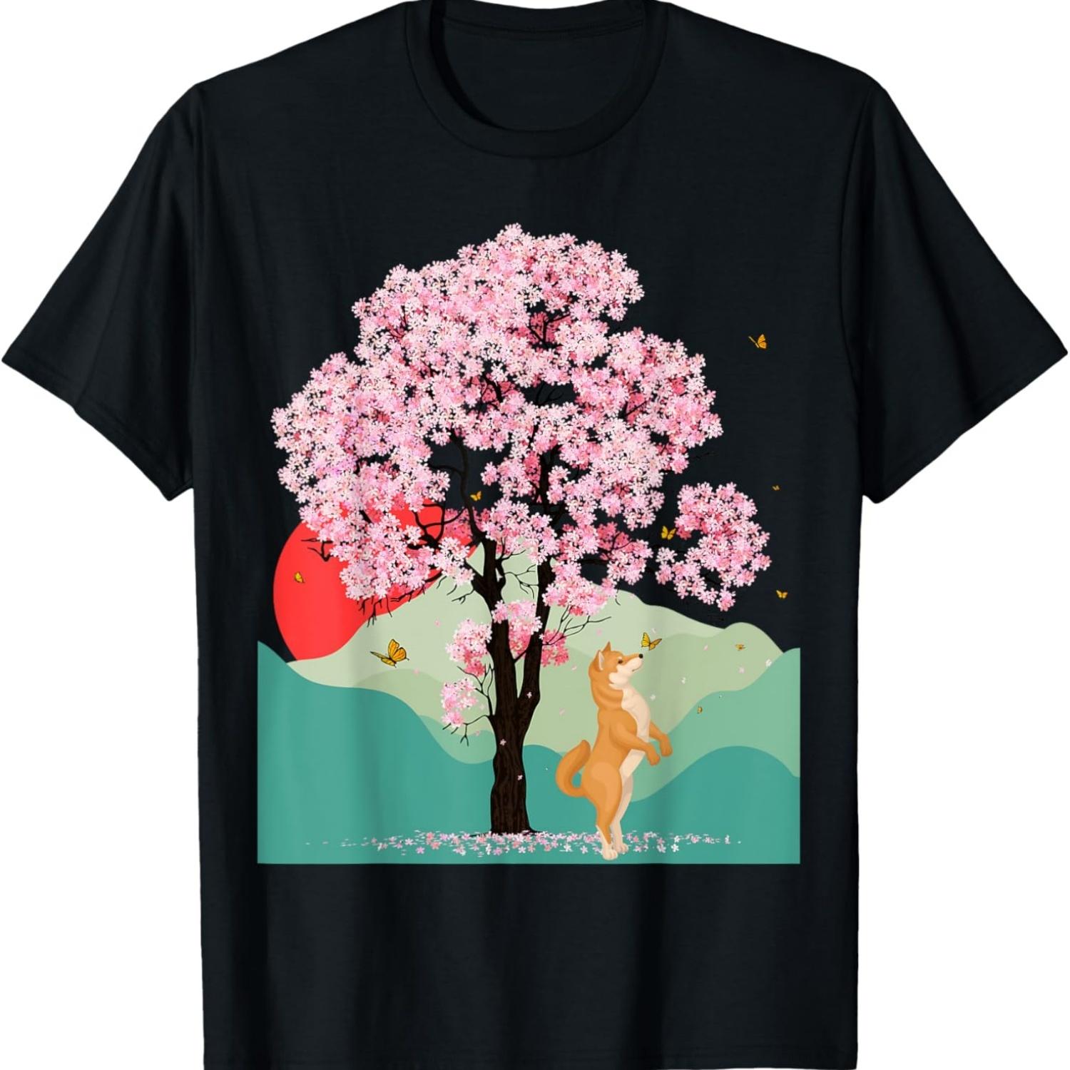Shiba Inu Dog & Butterflies Cherry Blossom Sakura Tree T-Shirt S чёрный
