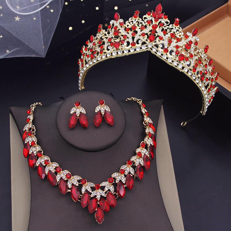 Luxury Green Crystal Flower Tiaras Crown Sets for Queen Pageant Necklace Earring Sets Wedding Dress Bridal Jewelry Set for Women