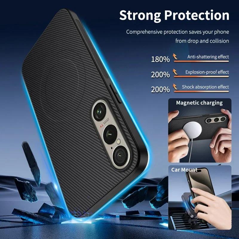 Carbon Fiber Pattern PU Leather Silicone Phone Case For Sony Xperia 1 vii VI Magnetic Wireless Charging Soft Back Cover Cases