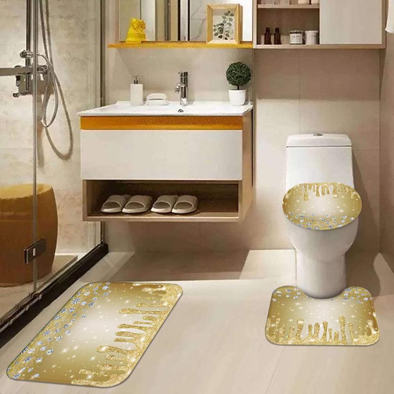 1/4 buc Set Perdea de Duș Luxoasă Aurie Florală Impermeabilă Set Decorativ pentru Baie Covor Antiderapant Capac Toaletă Covoraș de Baie și 12 Cârlige