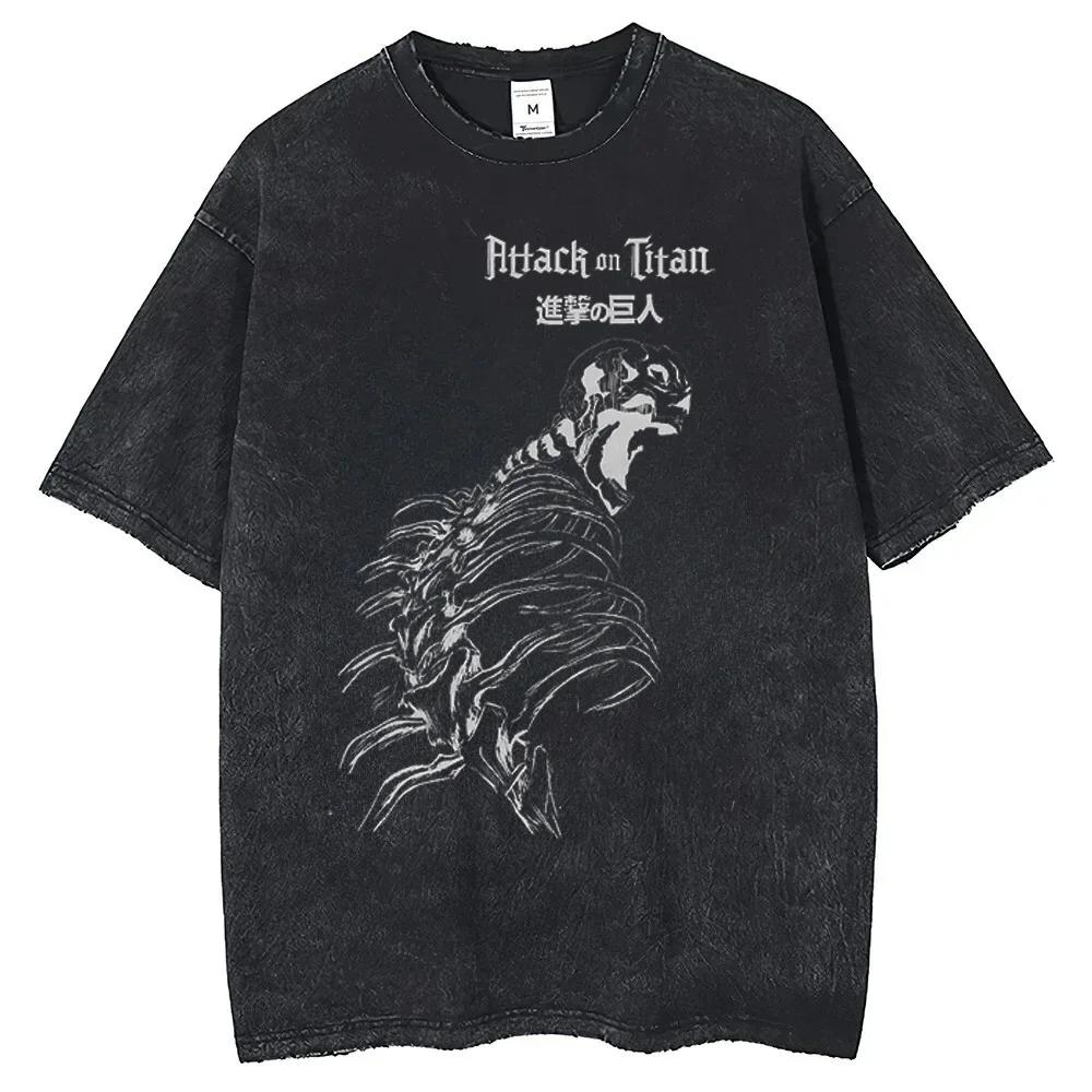 T-shirt Attack on Titan Anime Vintage Lavate Comode T-shirt Casual Larghe T-shirt da Uomo in Cotone