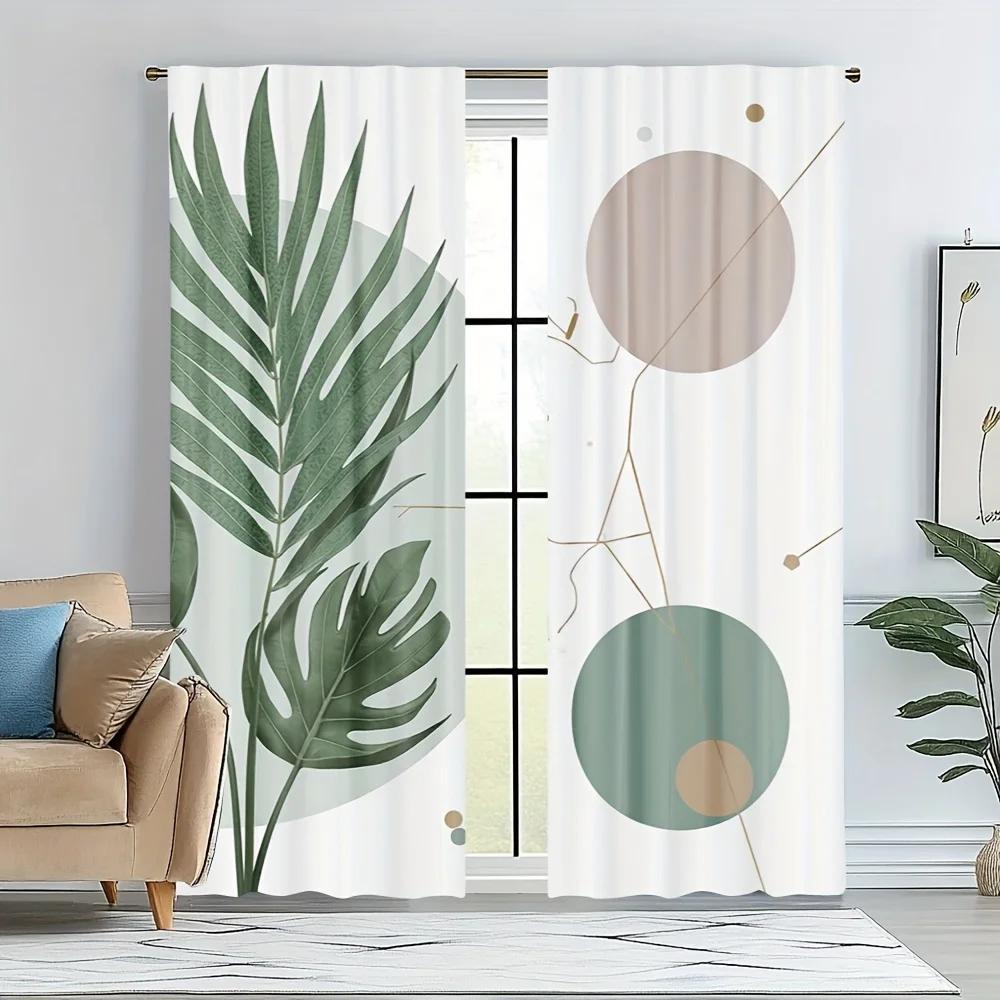 Set aus 2 modernen tropischen Blatt-Geometrie-Druckvorhängen, hochwertiges Material, ideal für tägliche Heimfenster, mit transparentem Polyester