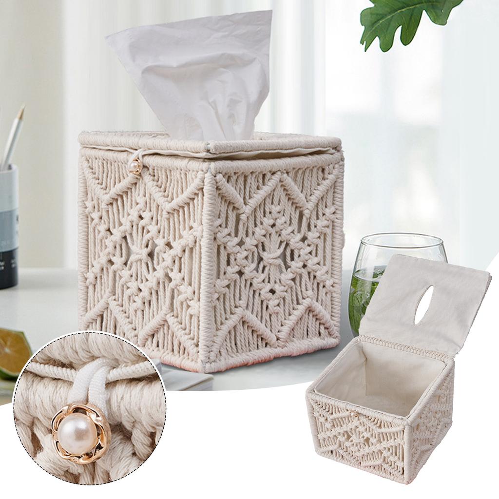 Decorative Square Woven Tissue Box Cover, Macrame Tissue Holder, Fits Most Square Size Tissues, Elegant Design