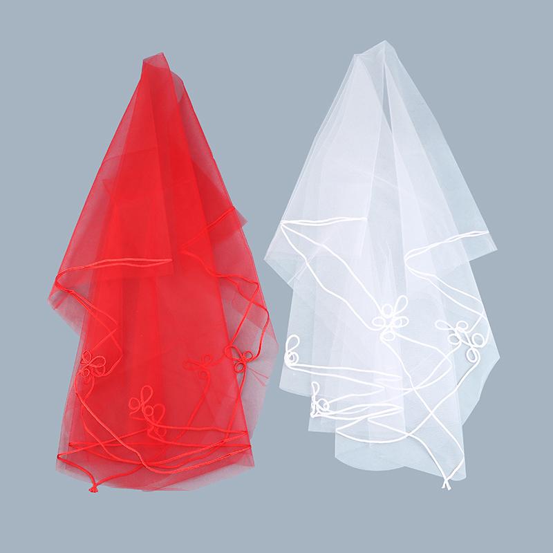 Véu de noiva de 1,4 m com fio de seda e borda de 1 camada, véu de cabeça de noiva branco e vermelho