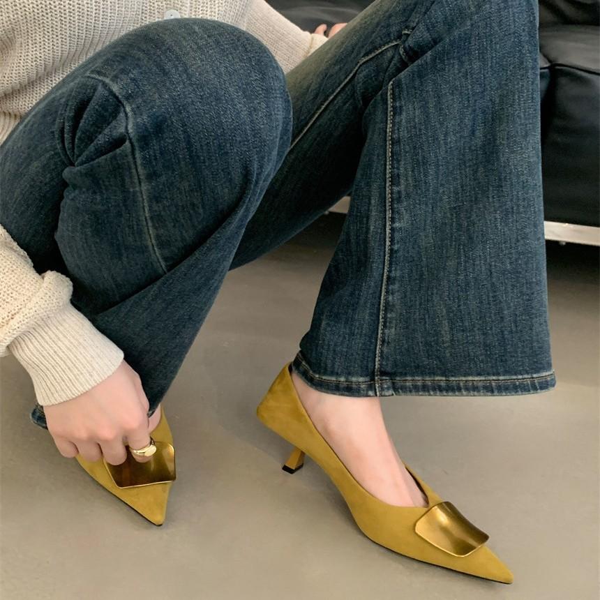 Niche French suede high heels 2025 new versatile bag head sandals women's metal outer wear temperament pointed single shoes