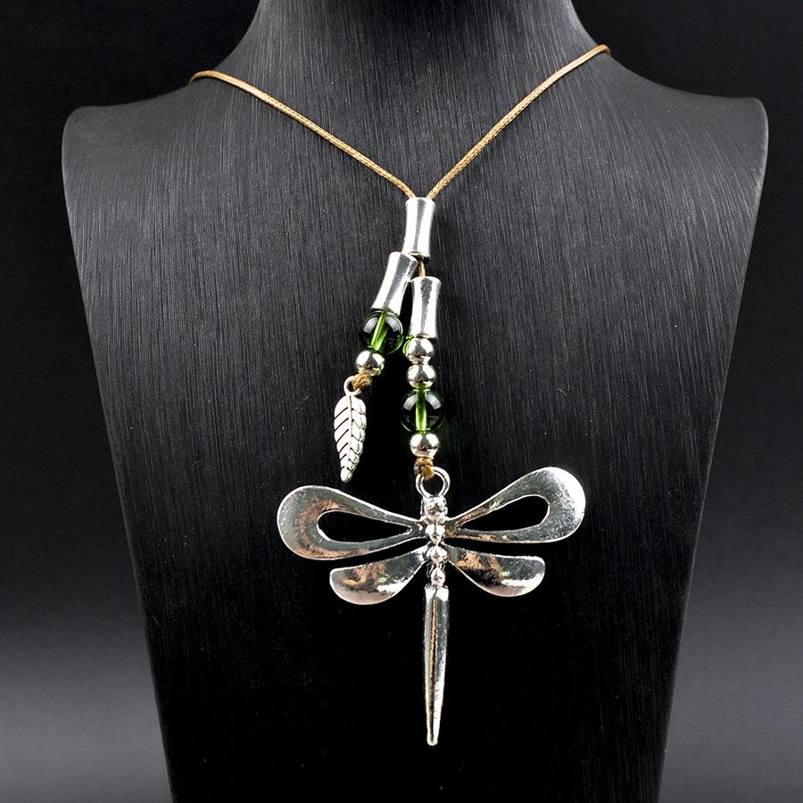 Vintage Dragonfly Necklace Green Beads Bohemian Jewelry Adjustable Rope Gift