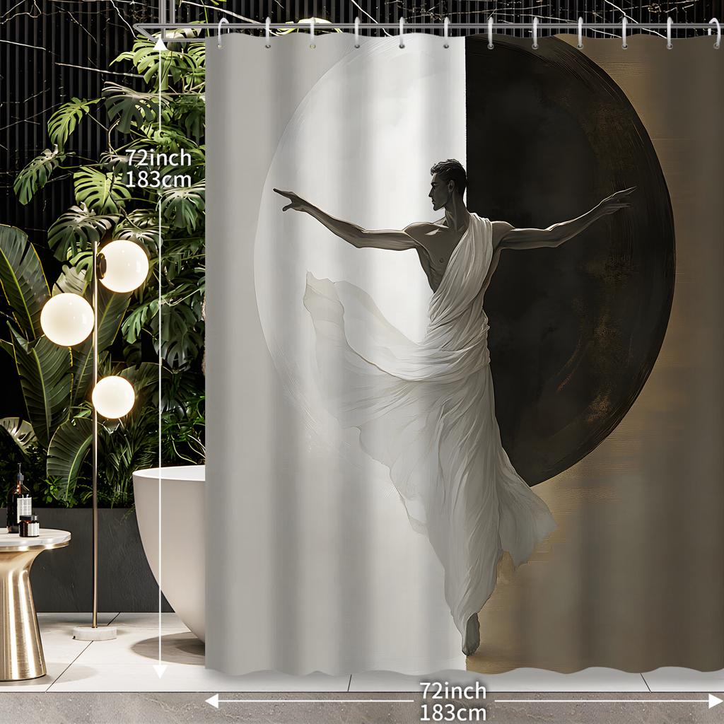 1pc Black and White Half-Round Spliced Zen Yoga Figure Shower Curtain, Decorative Printed Bath Curtain with 12 Hooks, Bathroom