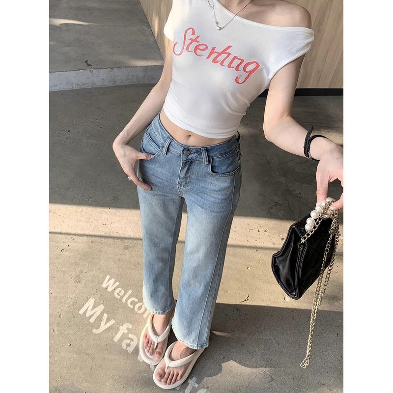 Kumikumi American Retro Worn Looking Washed-out Denim Women's Autumn Slimming All-Matching Youthful-Looking Straight-Leg Pants Cropped Pants