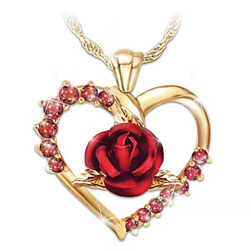 Gold-plated Heart-shaped Ruby Rose Pendant Necklace Love Necklace Romantic Luxury Anniversary Gift