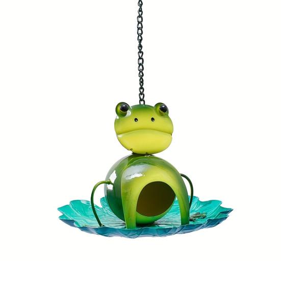 Frog Birds Feeder with Detachable Lotus Platform Tray Outside Hanging Metal Birds Feeding Station Outdoor Garden Yard Decoration