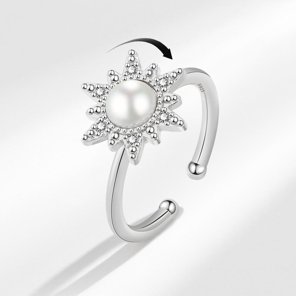 Fashionable Sunflower Pearl Rotating Ring For Women Elegant Spinning Band Jewelry Gift