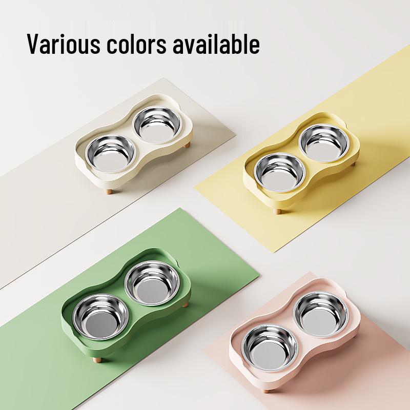 Anti-tip Stainless Steel Pet Bowl Set: Double Cat & Dog Bowls with Eco-friendly PP Base, Protects Cervical Vertebrae & Prevents Splashing