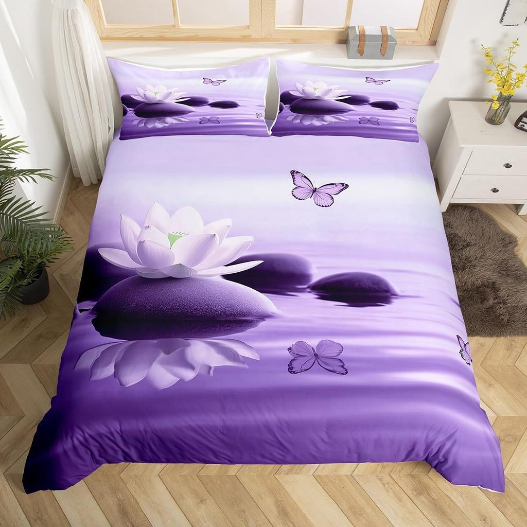 Comforter Minimalist Zen Stone Boho Comforter Purple Flowers Twin Bedding Setblack Stones Print Bed Set For Girls Woman