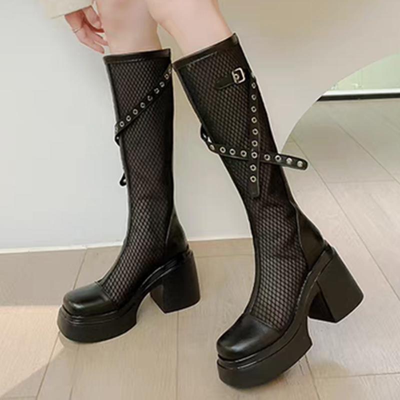 Fashion 2025 Summer Fashion Breathable Mesh Boots for Women Party Platform Zipper Mid-Calf Boots Woman Solid Buckle Strap Shoes Ladies