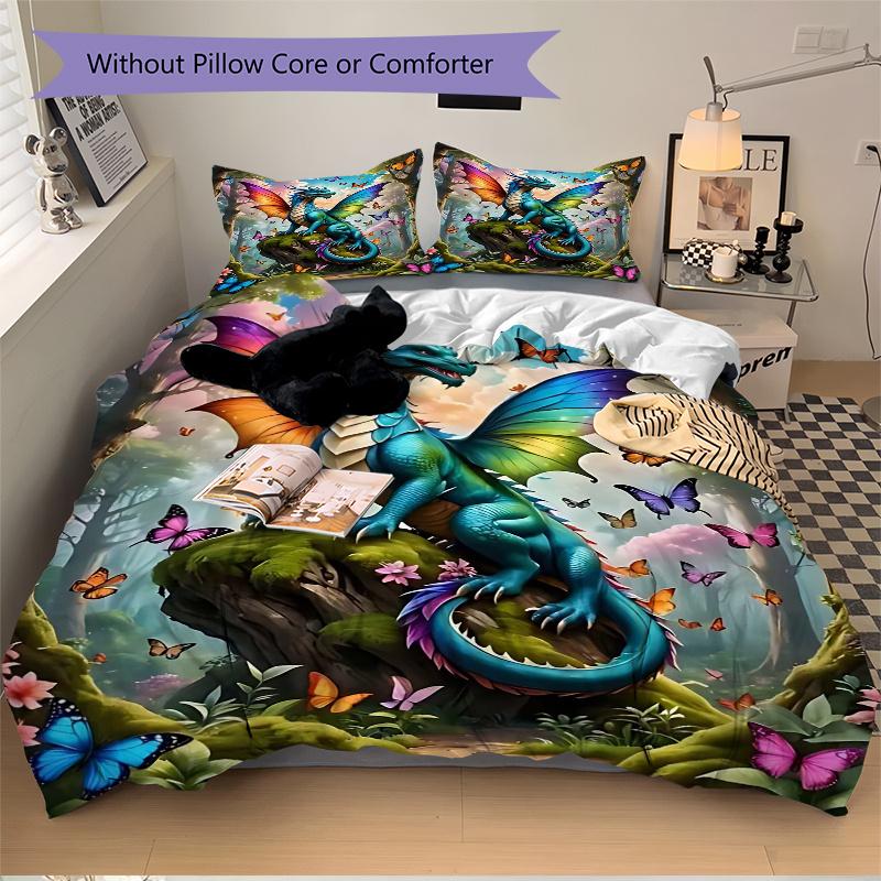 3pcs Butterflies and Dragons Bedding Set, Includes 1 Quilt Cover and 2 Pillowcases, Comfortable Bedding with Stylish Design for Bedroom