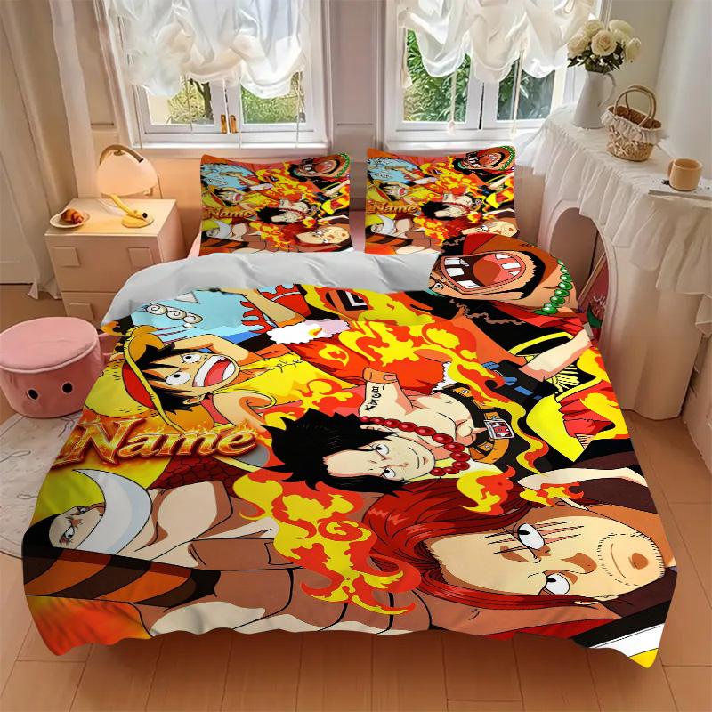 Custom Name One Piece Flame Warriors Print 3Pcs Bedding Set,Duvet Cover with 2 Bedro,Pillowcase Home Birthday Gift