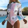 Women Long Sleeve One Piece Swimsuit Zip Front  Flower Print Rash Guard Surfing Bathing Suit